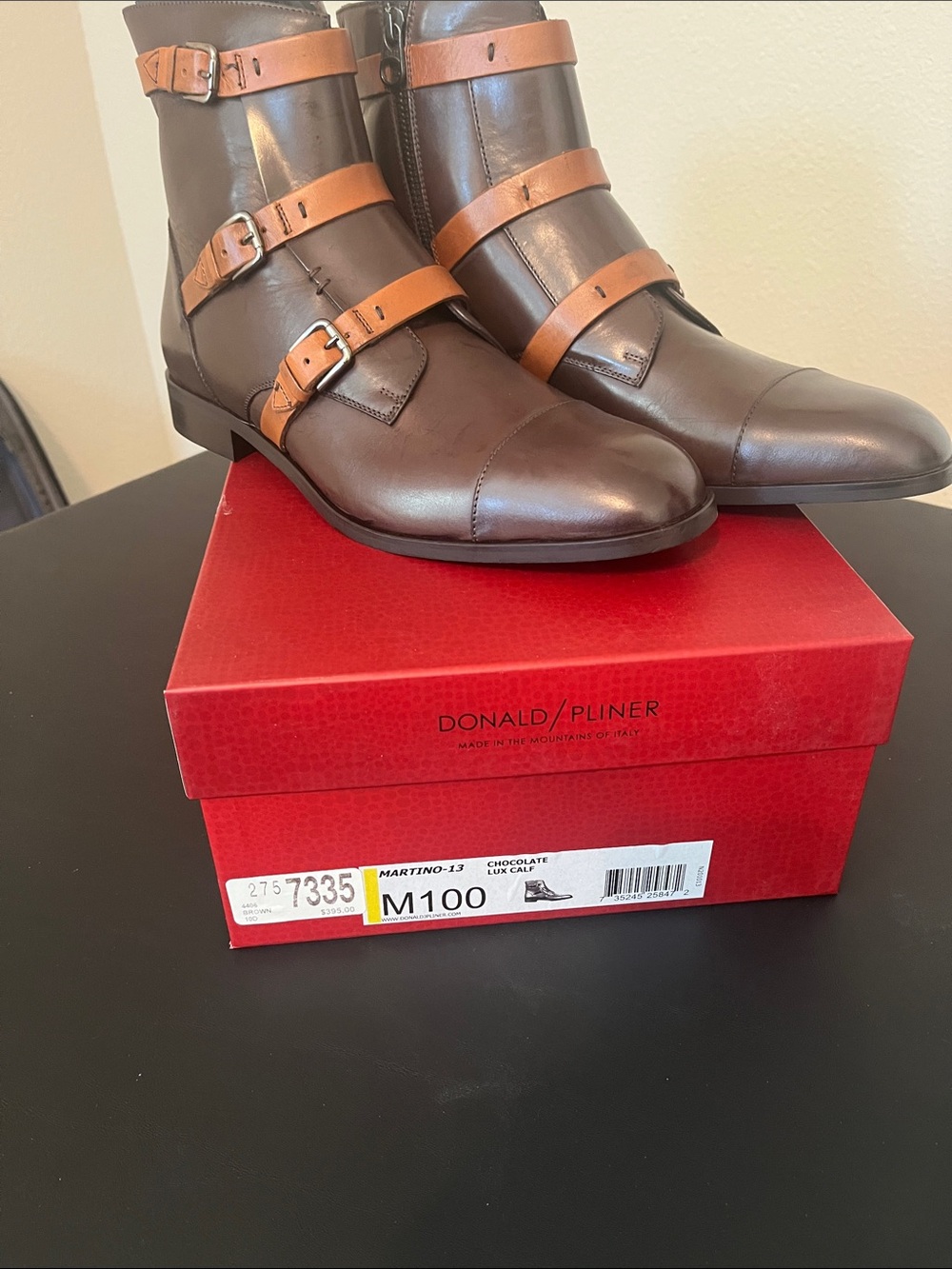 Donald J. Pliner Brown Leather Ankle Boots with Tan Strap Accents